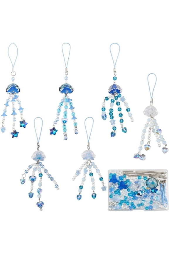 1 Box 380Pcs DIY 6 Sets Phone Charms Making Kit Jellyfish Phone Charm Kit Summer Ocean Hawaii Blue Phone Keychain Charms