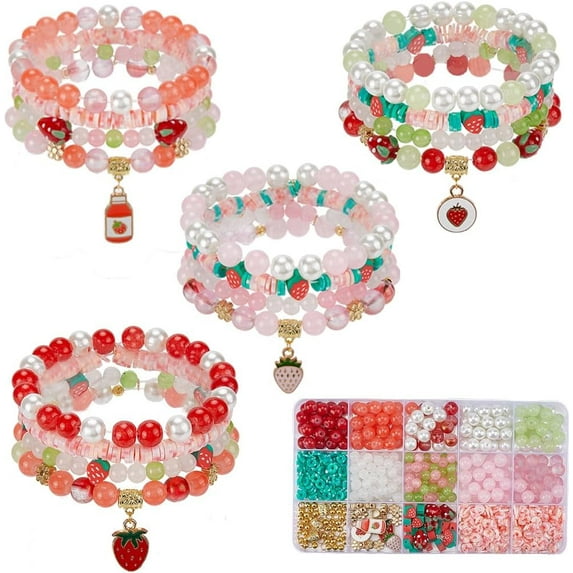 1 Box 390Pcs DIY 4 Sets Bracelet Making Kit Strawberry Bracelet Kits Polymer Clay Glass Fruit Flower Wire Beads Sets for Jewelry Making Crafts Supplies Women Beginners Adults Starter Mixed Color