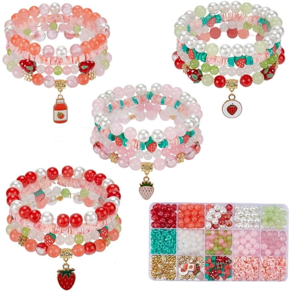 1 Box 390Pcs DIY 4 Sets Bracelet Making Kit Strawberry Bracelet Kits Polymer Clay Glass Fruit Flower Wire Beads Sets for Jewelry Making Crafts Supplies Women Beginners Adults Starter Mixed Color