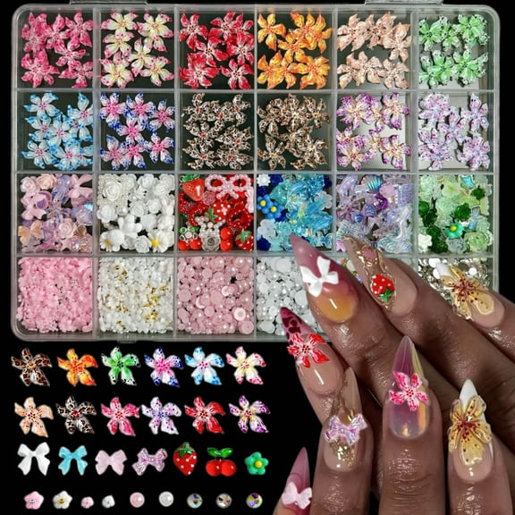 1 Box 3D Resin Dopamine Colored Spots Soft Lily Nail Charms Colorful Flower Bow Mini Rhinestone Pearl Nail Art Decoration Manicure DIY Parts