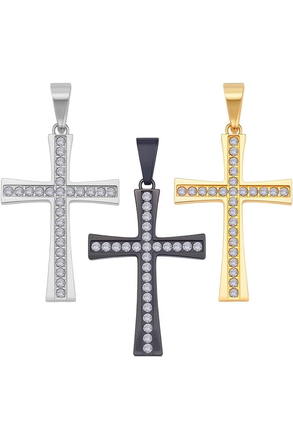 1 Box 3Pcs 3 Colors 304 Stainless Steel Charms for Men 26x40mm Dangle Black Silver Gold Rhinestone Crucifix Charms with Pinch Clip for Jewelry Making Bracelet Necklace Accessories colorful