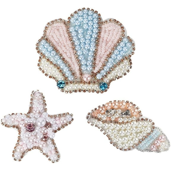 1 Box 3Pcs 3 Styles Beaded Rhinestone Patches Ocean Animal Conch Sea Shell Starfish Sew On Appliques Pearls Decorative Embroidered Badge Patch for Dress Jeans Jackets Handbag Clothing colorful