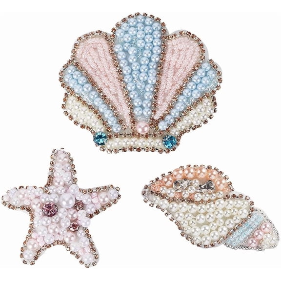 1 Box 3Pcs 3 Styles Beaded Rhinestone Patches Ocean Animal Conch Sea Shell Starfish Sew On Appliques Pearls Decorative Embroidered Badge Patch for Dress Jeans Jackets Handbag Clothing