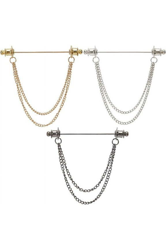 1 Box 3Pcs Men's and Women's Shirt Chain Collar Pins Gold Silver Black Metal Double Chain Lapel Pin Collar Bar Tassel Necktie Pins Clasp Stud Brooch Stick for Shirts Badge Scarf Gifts