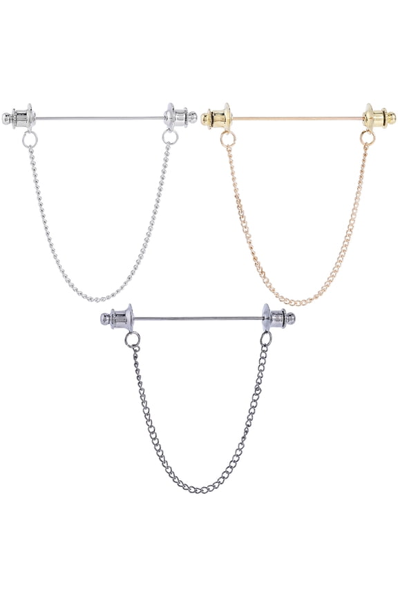 1 Box 3Pcs Men's and Women's Shirt Chain Collar Pins Gold Silver Black Metal Double Chain Lapel Pin Collar Bar Tassel Necktie Pins Clasp Stud Brooch