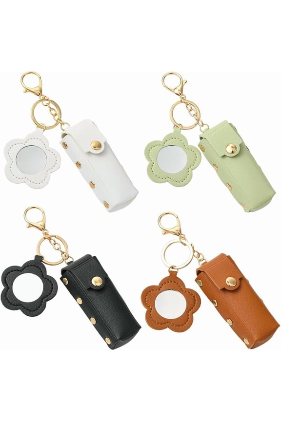 1 Box 4 Colors Lipstick Bag Keychain Mini Mirror Key Chain Pack White Black Leather Flower Lip Key Rings for Women Party Wedding Favors Craft Purse Handbag Supplies Colorful
