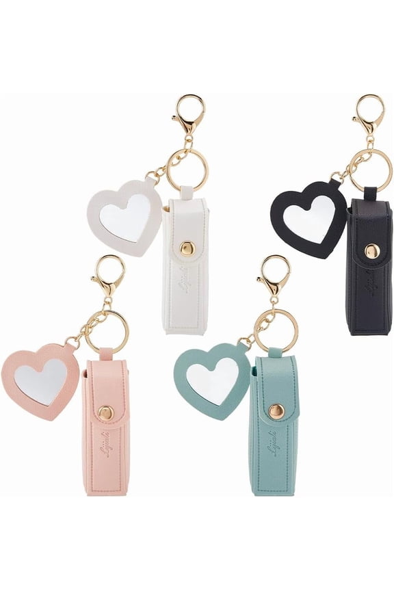 1 Box 4 Colors Lipstick Holder Key Chain Leather Mirror Keychain Bulk Small PU Chapstick Portable Makeup Storage Lip Balm Key Rings