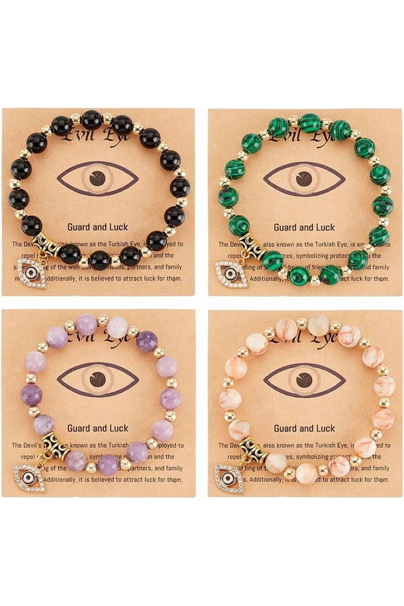 1 Box 4 PCS Evil Eye Natural Stone Beads Bracelets for Women Men Charms Handmade Bracelet Gemstone Beaded Stretch Bracelets Set Lucky Chic Colorful Stone Bracelets for Protection and Blessing
