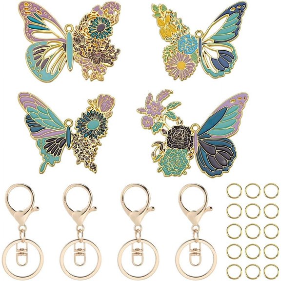 1 Box 4 Pack Butterflies Keychains Bulk Alloy Enamel Butterfly Car Key Chains Pendants with Rotatable Metal Keyring Jump Ring Keychains Making Findings Kits for Party Women Favors Backpack Colorful