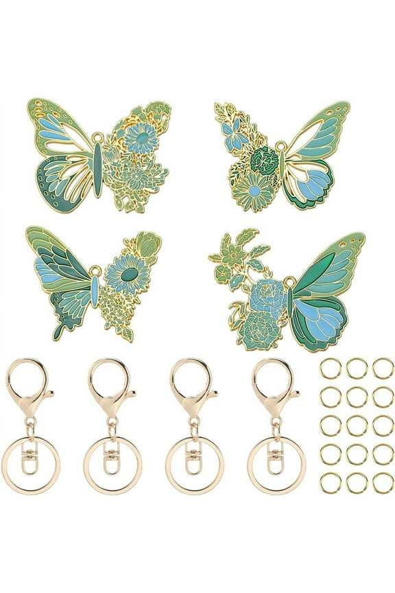 1 Box 4 Pack Cute Butterfly Keychains Bulk Alloy Enamel Butterfly Key Chains Party Wedding Favor Pendants with Rotatable Metal Keyring Jump Ring Kits for Keychains Making Women Backpacks Colorful