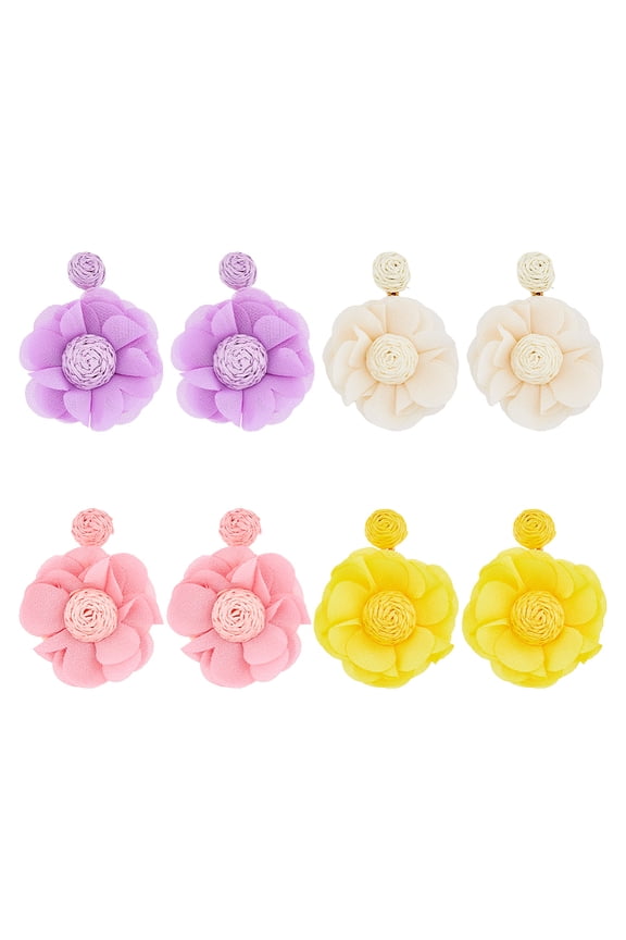 1 Box 4 Pairs 4 Colors Style Raffia Flower Dangle Stud Earrings with Iron Pins Mixed Color 65mm 1 pair/color