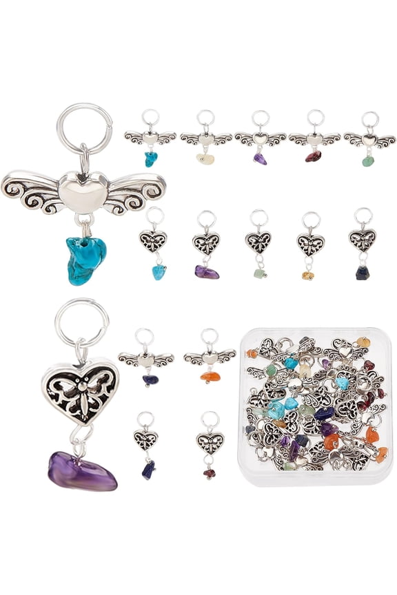 1 Box 4 Sets 2 Styles Chakra Natural & Synthetic Mixed Stone Chips Alloy Pendants Antique Silver Heart & Heart Wing Charms Mixed Dyed and Undyed 20~23mm 2 sets/style