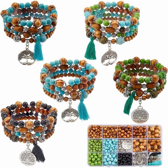 1 Box 4 Sets Bracelet Making Kit Tree of Life Charms Tree Charm Multi Strand Bracelets Wood Spacer Bead Lucky Turquoise Beads for Jewelry Making Kits Adults DIY Craft Supplies for DIY