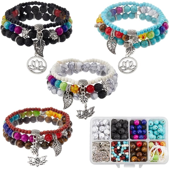 1 Box 4 Sets Bracelet Making Kits Bohemian Multi Layered Bracelets Tiger Eye Turquoise Jasper Howlite Gemstone Bead Stone Spacer Beads for Jewelry Making Kits Adults DIY Craft Supplies