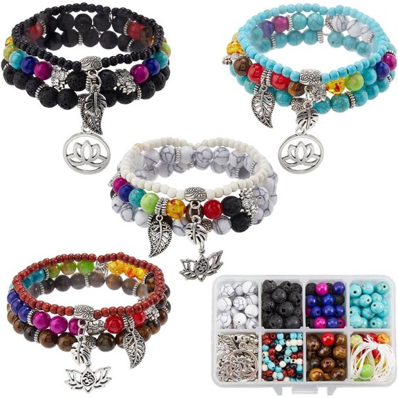 1 Box 4 Sets Bracelet Making Kits Multi Layered Bracelets Tiger Eye Turquoise Jasper Howlite Gemstone Bead Stone Spacer Beads for Jewelry Making Kits Adults DIY Craft Supplies for DIY