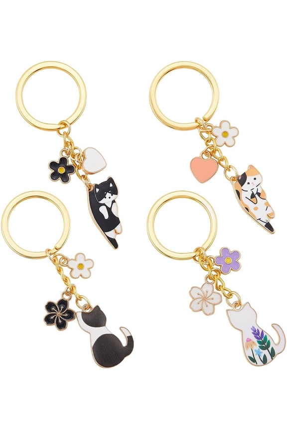 1 Box 4 Styles Cat Keychain Bulk Kitty Key Chains Cute Fun Cartoon Lazy Cat Shaped Flower Heart Charms Mini Animals Keyrings for Backpacks Party Wedding Favor DIY Keys Handbag Supplies Gold
