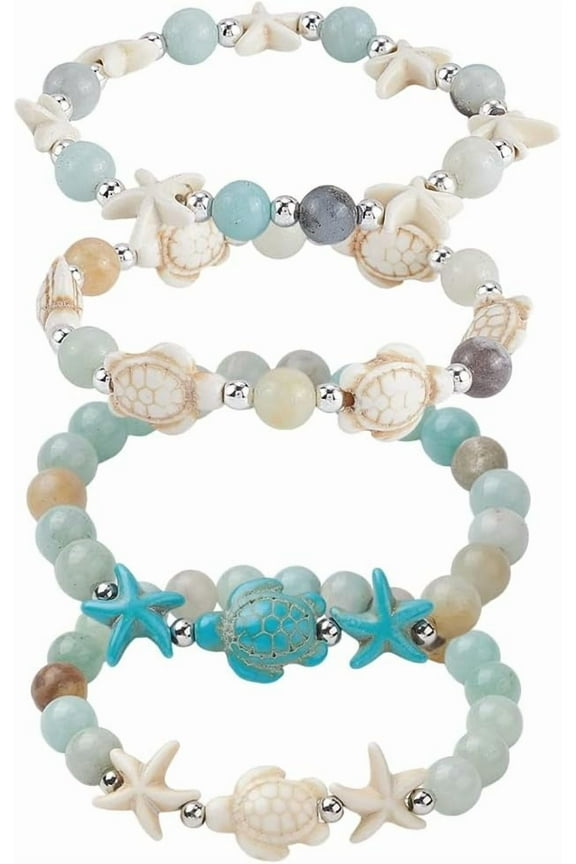 1 Box 4 Styles Summer Bracelets Set Beach Bracelet Sets Mixed Gem Stones Blue White Boho Ocean Beach Sea Turtles Tortoise Sea Star Jewelry