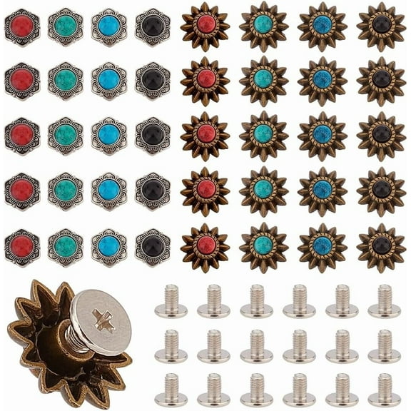 1 Box 40 Sets 8 Style Coin Screw Rivets Decorative Buckle Sunflower Shape Castings Screw Back Button for Leather Screw Back Manual DIY Decoration