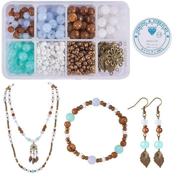 1 Box 400+pcs DIY Leaf Flower Linking Charms Earrings Beading Bracelets Making Kit Round Glass Beads Loose Spacer Bead for Jewelry Making Necklace Supplies Christmas Gift Starter Instrution