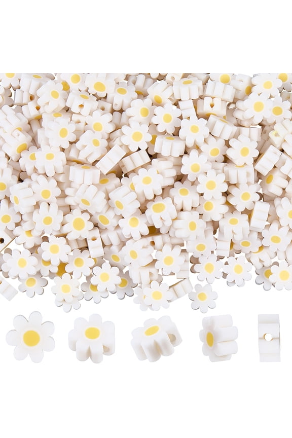 1 Box 400PCS White Daisy Flower Beads with Holes Flat Polymer Clay Handmade Small Flowers Shaped Charms Loose Spacer Bead Bulk
