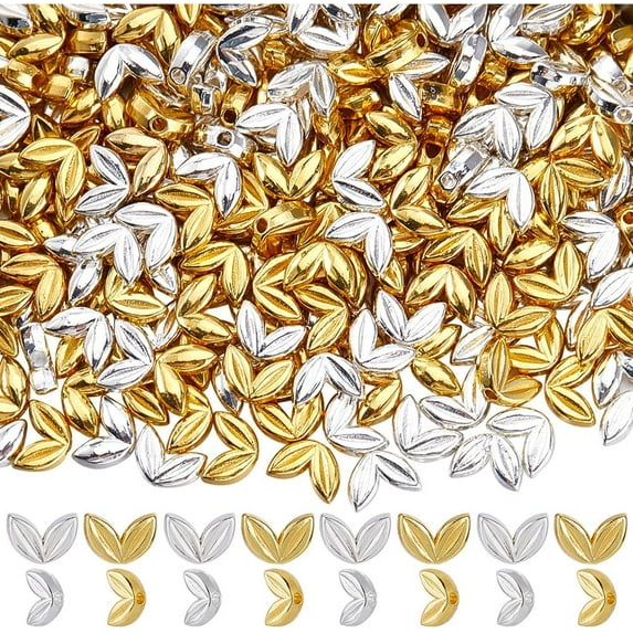 1 Box 400Pcs 2 Colors Gold Leaf Bead Silver Alloy Spacer Beads with Hole Metal Ear of Wheat Small Leave Spacer Loose Beads for Jewelry Making Charms Bracelets Necklaces Supplies DIY Crafting DIY