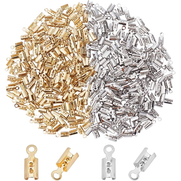 1 Box 400Pcs 2 Style Brass Folding Crimp Cord Ends Platinum & Golden 8x3~3.5mm Hole: 1mm