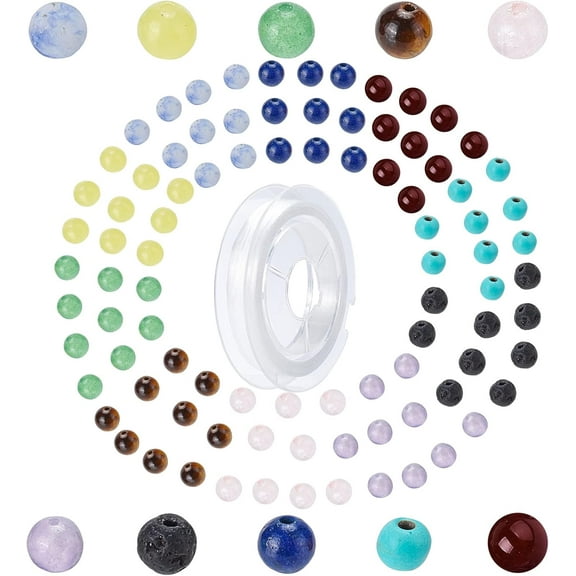 1 Box 400Pcs 4mm 7 Chakra Natural Stone Beads Round Genuine Stone Beading Kit Semi Precious Gemstone Loose Spacer Bead with Elastic Thread for Adults DIY Jewellery Bracelet Necklace Making DIY