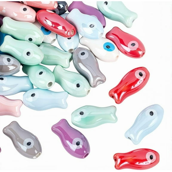 1 Box 40PCS Mixed Color Fish Animal Shaped Beads with Holes Ocean Sea Beach Hawaii Summer Porcelain Ceramic Printed Loose Spacer Bead for Jewelry Making Necklaces Bracelets Diy Craft Supply