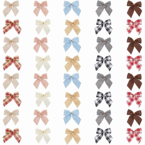 1 Box 40Pcs 10 Colors Christmas Bows Ornaments Buffalo Plaid Bows Xmas Tree Topper Bowknot Tie Wreath Garland Ribbon Sewing Decoration