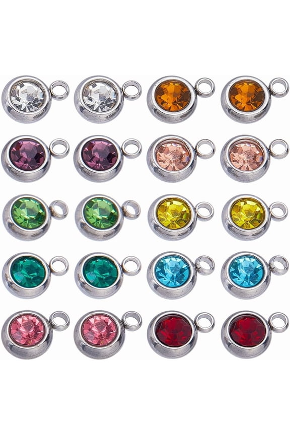 1 Box 40Pcs 10 Colors Stainless Steel Rhinestone Charms Bulk Charm Round Beads Mini Small Birthstone Pendants for DIY Jewelry Making Necklaces Bracelets Earrings DIY Crafts Women