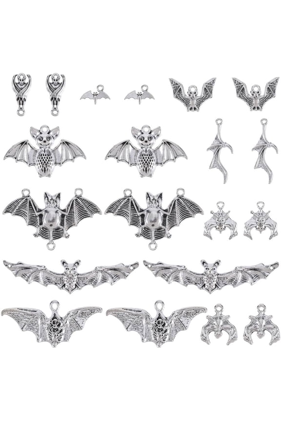 1 Box 40Pcs 10 Styles Alloy Bat Charms Silver Bats Charm Bulk Assorted Metal Tibetan Animal Spooky Horror Flittermouse Fly Animal Charm for Jewelry Making Charms DIY Earring Crafts