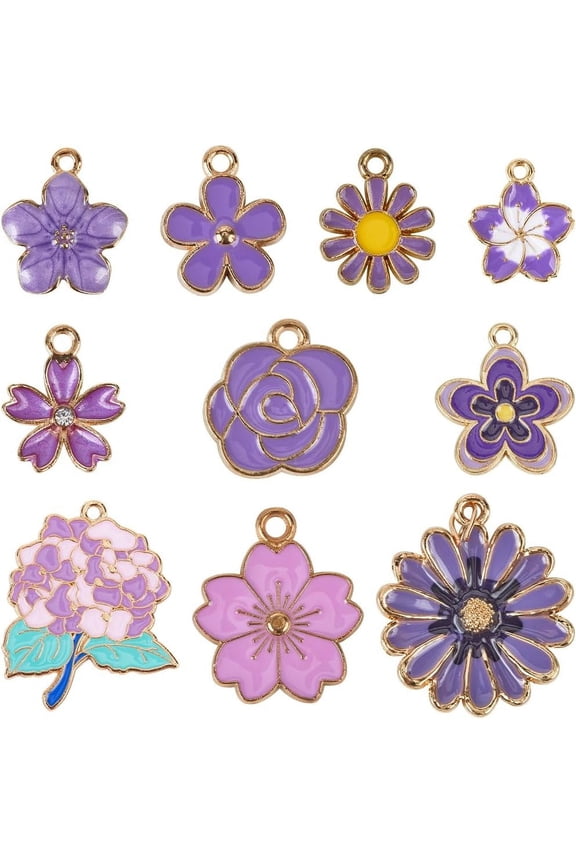 1 Box 40Pcs 10 Styles Alloy Enamel Pendants Flower Lilac 14.5~32.5x11.5~28x1.5~4.5mm Hole: 1.4~2mm 4pcs/style