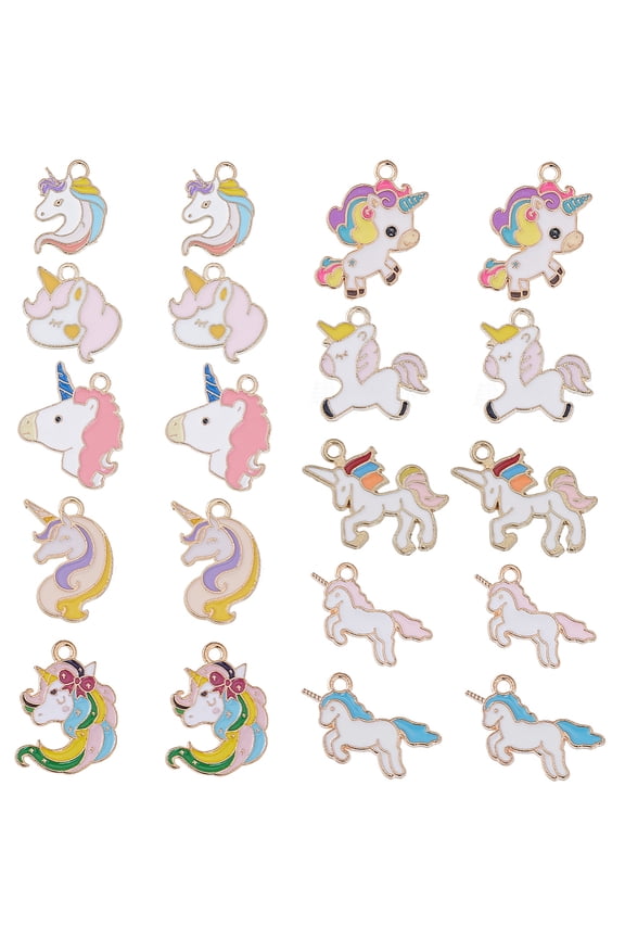 1 Box 40Pcs 10 Styles Alloy Enamel Pendants Unicorn Charm Mixed Color 16.5~24.5x15~24x1.5mm Hole: 1.5~2mm 4pcs/style