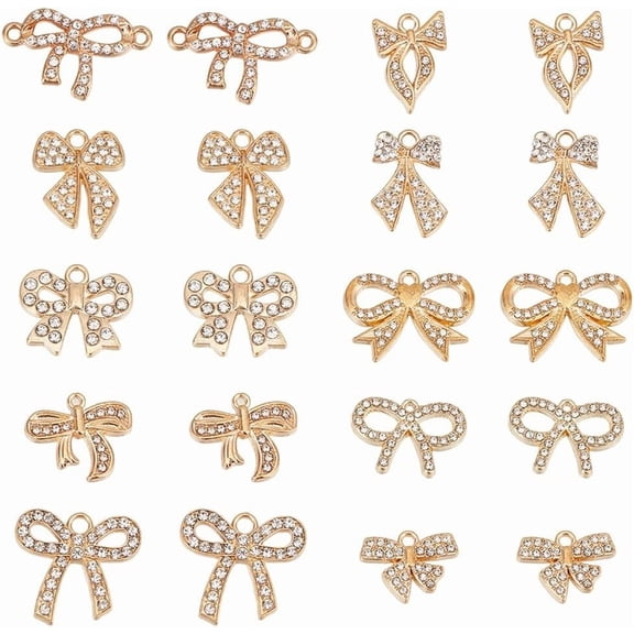 1 Box 40Pcs 10 Styles Bowknot Charms Rhinestone Charm Alloy Cute Rhinestone Bling Gold Bows Tie Connector Charm for Jewelry Making Charms DIY Keychain Bracelet Earrings Necklace Women
