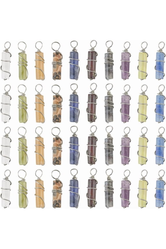 1 Box 40Pcs 10 Styles Natural Gemstone Charms Column Pendant Charms Amethyst Tiger Eye Stone Brass Wire Wrapped Stone Charms for Jewelry Making Charms Necklaces Earrings Women Adult Silver