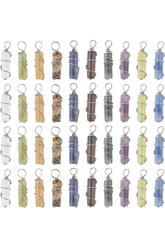 1 Box 40Pcs 10 Styles Natural Gemstone Charms Column Pendant Charms Amethyst Tiger Eye Stone Crystal Brass Wire Wrapped Stone Charms for Jewelry Making Charms Necklaces Earrings Women Adult