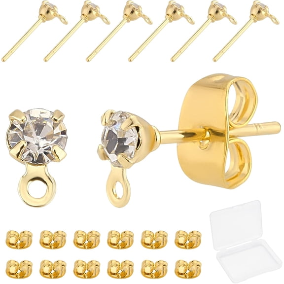 1 Box 40Pcs 18K Gold Plated Stud Earrings Cubic Zirconia Earring Posts with Loop and Butterfly Earring Backs for Jewelry Making DIY Crafts