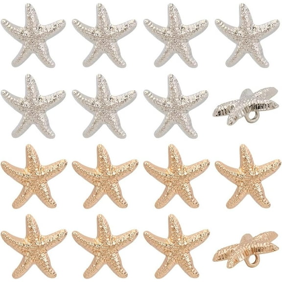 1 Box 40Pcs 19MM Gold Silver Ocean Beach Themed Seashells Shaped Starfish Shell Metal Shank Button Alloy Sea Star Buttons Bulk for Sewing Jewelry Clothes Shirts Jackets Decoration Diy Crafts Colorful
