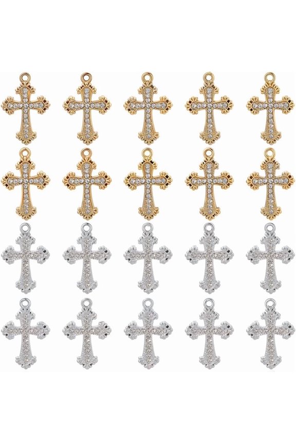 1 Box 40Pcs 2 Colors Rhinestone Charm Mini Crosses Charms Bulk Gold Silver Easter Baroque Cubic Zirconia Crucifix Pendants