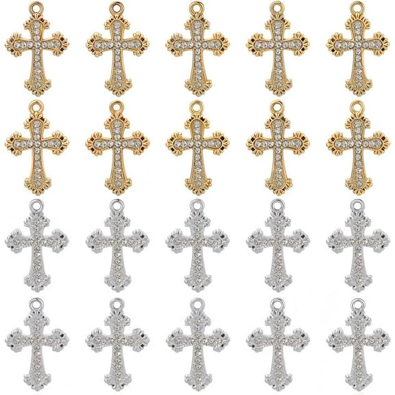 1 Box 40Pcs 2 Colors Rhinestone Charm Mini Crosses Charms Bulk Gold Silver Easter Baroque Cubic Zirconia Crucifix Pendants