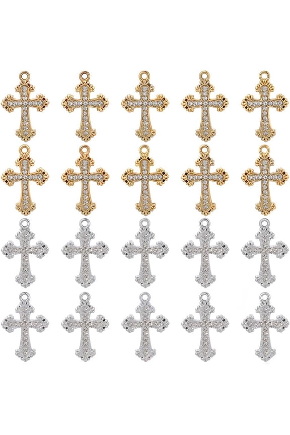 1 Box 40Pcs 2 Colors Rhinestone Cross Charm Mini Crosses Charms Bulk Gold Silver Easter Baroque Cubic Zirconia Crucifix Pendants for Jewelry Making DIY Bracelet Earrings Necklace Wristbands Colorful