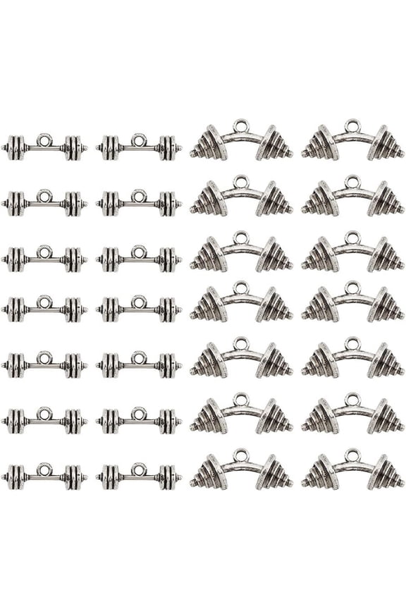 1 Box 40Pcs 2 Styles Barbell Dumbbell Charm Men's Fitness Charm Tibetan Barbell Weight Charm Antique Silver Men's Fitness Charm Alloy Miniature Sport Charm for Jewelry Craft Making Hole: 2/3mm