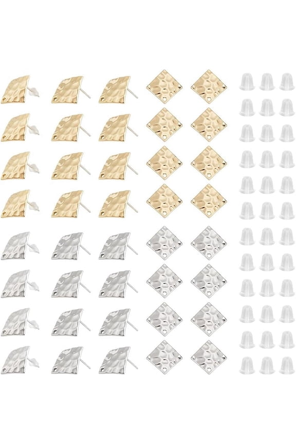 1 Box 40Pcs 2 Styles Rhombus Earring Findings 2 Colors Alloy Stud Earrings Platinum and Light Gold Flat Earring Post Texture Stud Earring with Ear Nuts for DIY Jewellery Making Pin: 0.7mm
