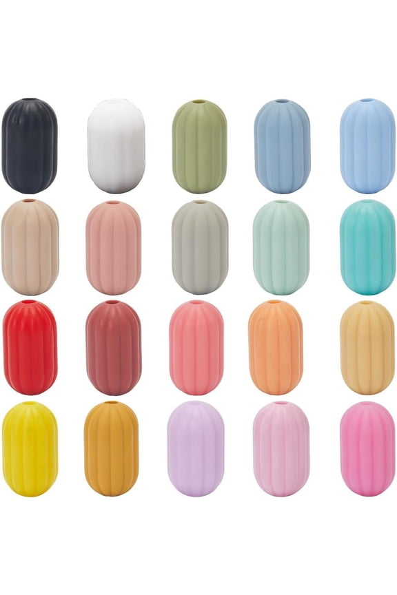 1 Box 40Pcs 20 Colors Silicone Focal Bead Soft Rubber Beads Bulk 17x10mm Colorful Oval Column Striped Spacer Beads for DIY Necklace Bracelet Lanyards Keychain Pens Beading Jewelry Making Crafts