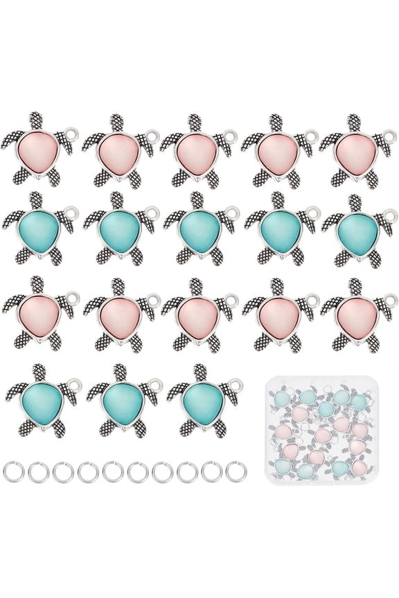 1 Box 40Pcs 20 Sets Turtle Charms Tortoise Charm Ocean Sea Animal Charm Imitation Acrylic Rhinestone Turtles Charms 20Pcs Jump Rings Summer Charms for DIY Jewelry Making Charm DIY Supplies