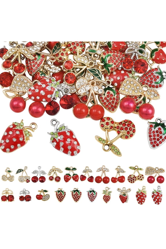 1 Box 40Pcs 20 Styles Rhinestone Fruit Charms Cherry Strawberry Charms Bulk Alloy Cute Gold Red Enamel Summer Metal Sparkling Fruits Pendants