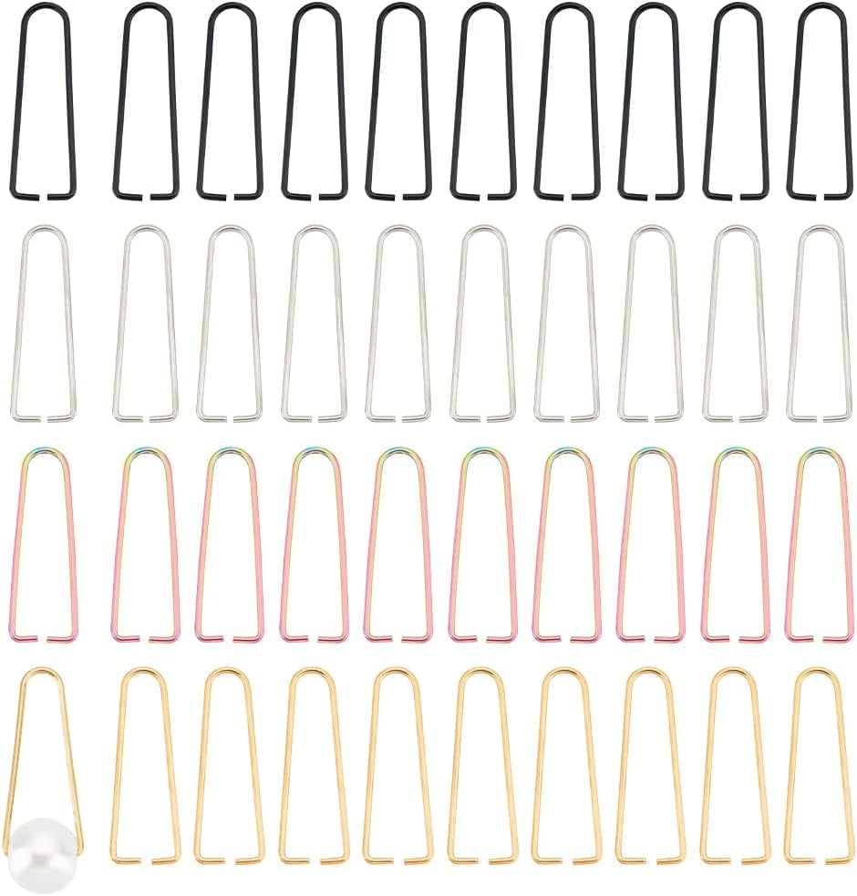 1 Box 40Pcs 4 Colors Ion Plating(IP) 304 Stainless Steel Triangle Rings Clips for Half Drilled Beads Mixed Color 27x8x1mm Pin: 1mm 10Pcs/color