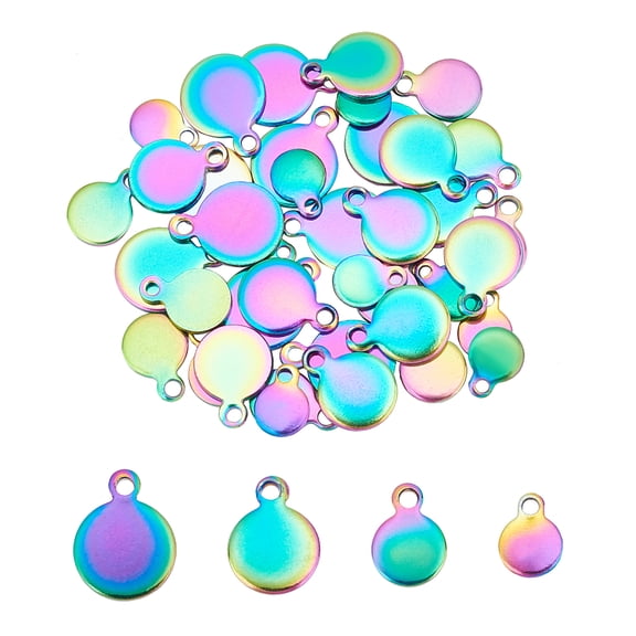 1 Box 40Pcs 4 Size PVD Vacuum Plating 304 Stainless Steel Charms Flat Round Stamping Blank Tag Rainbow Color 10pcs/size DIY