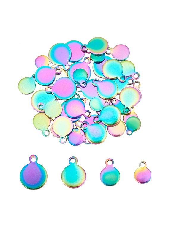 1 Box 40Pcs 4 Size PVD Vacuum Plating 304 Stainless Steel Charms Flat Round Stamping Blank Tag Rainbow Color 10pcs/size DIY