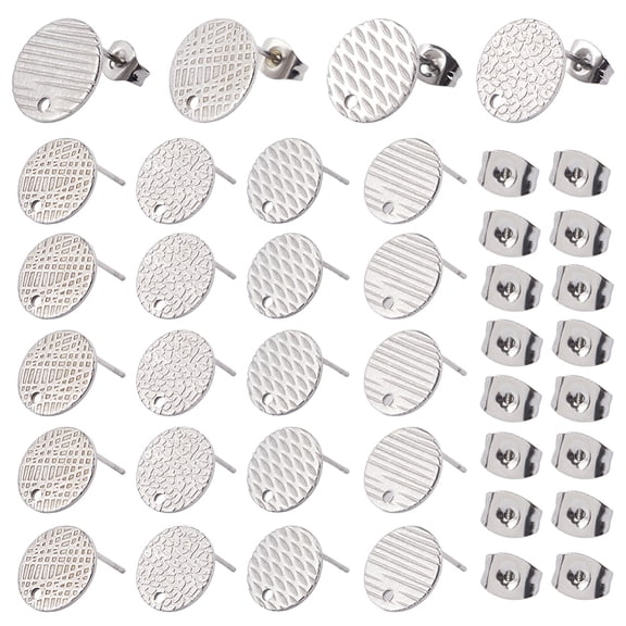 1 Box 40Pcs 4 Styles Flat Round Earring Posts Silver Stud Earring Findings with Loop Hypoallergenic with Ear Backs Stainless Steel